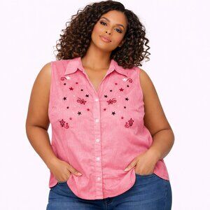 Quizz Women’s Embroidered Sleeveless Button-Down Blouse | Size 18/20